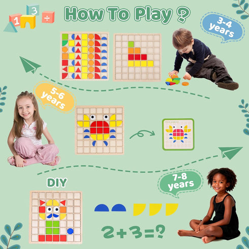 142PCS 3+ Wooden Pattern Blocks Montessori Mosaic Puzzle Geometric Shapes Tangrams for Kids with Storage Bag, Following