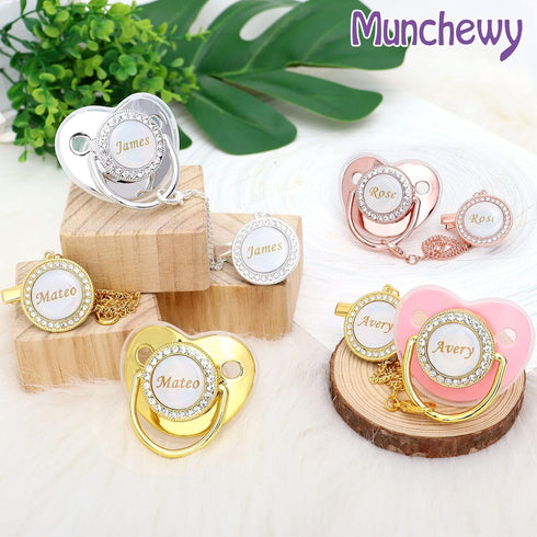 Set Dummy Custom Pacifier with Name, Bling Personalized Pacifier with Gift Box, Glitter Crystal Luxurious Soother Ideal
