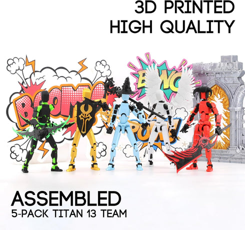 13 5-Pack 3D Dummy 13 Qoopower Titan Action Figure Assembly Completed, Printed T Lucky Action Figure Articulated, Gift