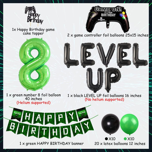 8th Birthday Decorations for Boys, Level Up Video Game Party Supplies, Green Black Balloons, Game Controller Banner