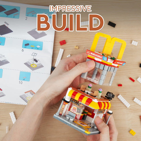 City Street View Burger Shop Building Set, MOC Creative Model DIY Toys, Unique Home Decor, Gift for Kids Age 8+