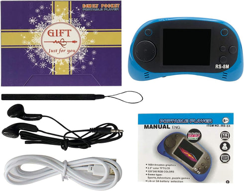 EASEGMER 16 Bit Kids Handheld Game Player - 220 HD Video Games, 2.5 Inch Portable with Headphones (Blue)