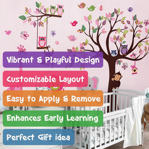 DEKOSH Pink Jungle Baby Nursery Wall Decal, Peel & Stick Colorful Owl Giraffe Lion Animal Stickers