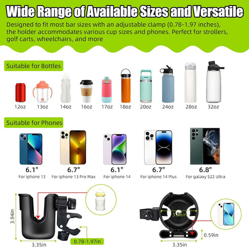 Generic Holder,2-in-1 Walker,Bike,Stroller,Wheelchair,Scooter(2 Stroller Cup Holder with Phone Cup Phone Holder