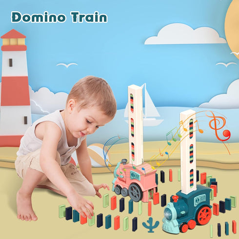 Set 3 4 5 6 7 8 Domino Train Toy for Kids, Automatic Dominoes Blocks Building and Stacking Toys Creative Kids Games