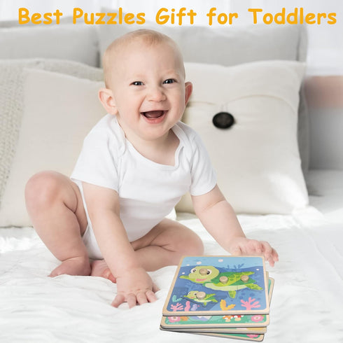 Wooden Toddler Puzzles, Funsland Peg Puzzles Gifts, Eco-Friendly Animal Patterns Jigsaw for 1-3 Years Old