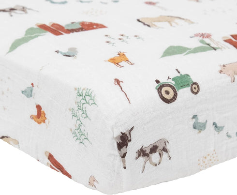 100% Farmyard-Themed Soft Muslin Crib Sheet for Babies | Cotton Fitted Sheet