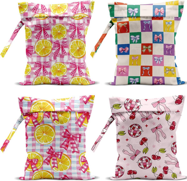 VBCVBGFH 4 Pack Cute Colorful Checkered Plaid Bow Lemon Wet Bag Waterproof Washable