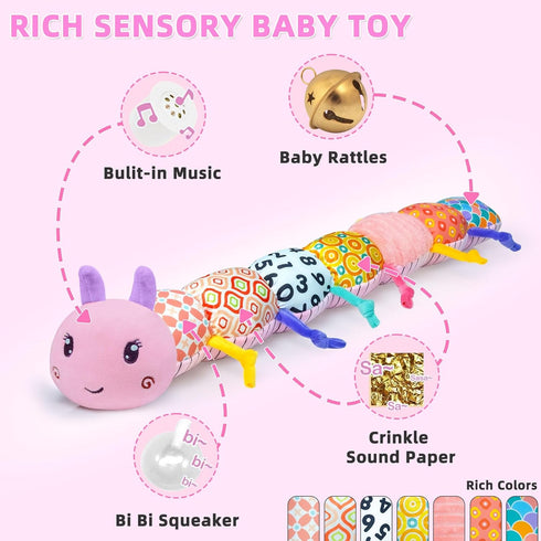 Baby Infant Musical Toy, Soft Stuffed Animal with Multi Textures, Rattle, Crinkle for Newborns