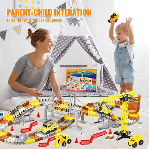 Set, 2 Construction Race Tracks Flexible Train Tracks w/ Electric Construction Race Vehicles w/Lights, STEM Engineering