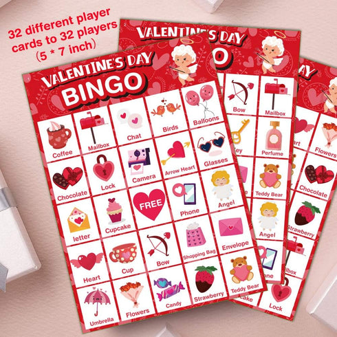 Valentine's Day Bingo Game Card for Kids/Adults - 32 Players, Perfect for Family/School Classroom