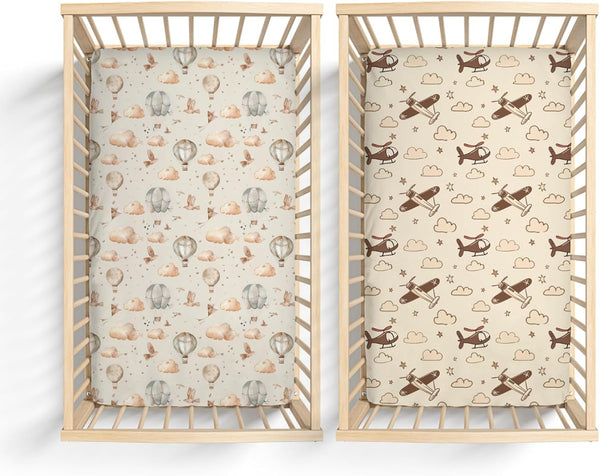 KuphiL10C 2 Pack Vintage Hot Air Balloon Helicopter Plane Clouds Pattern Baby Sheets