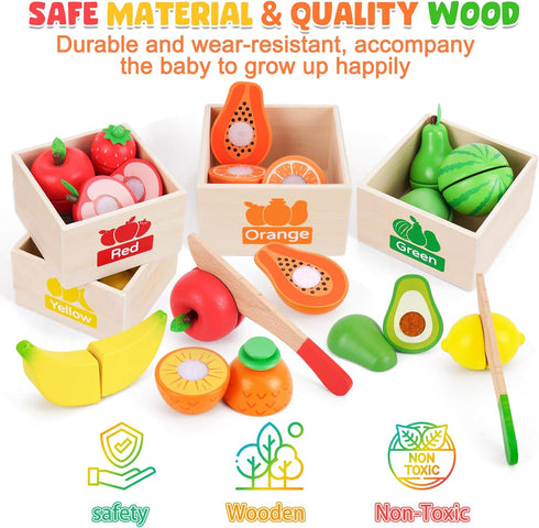 Set 1-3, 1 2 3 ATOYUS Wooden Play Food Toys for Toddlers Kids Toy Play Kitchen Accessories, Cutting Fruits Pretend Food