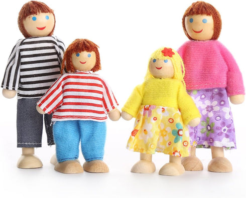 Lovely Happy Family Dolls Playset, Wooden Figures Set of 7 People with Dog for Kids Children Toddlers Dollhouse Pretend