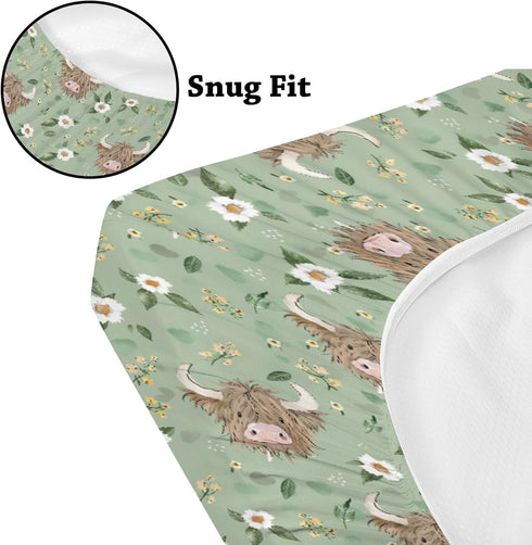 KuphiL10C Mattress-28x52 Cute Highland Cows Flowers Leaves Pattern Baby Sheets for Crib, Unisex Farm Cow Nursery Fitted