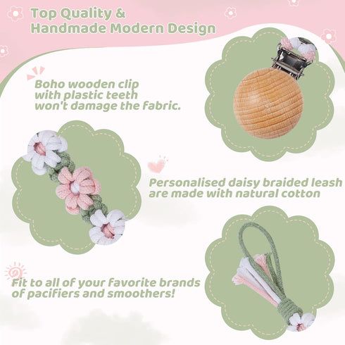 Pacifier Clip for Boys Girls, Floral Daisy Macrame Baby Paci Clip Holder, Handmade Braided Cotton Binky Clips
