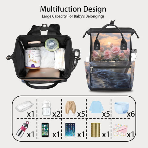 Hsnar Backpack Rose Flowers Boat Waterproof Diaper Bag Large Capacity Baby Bag with Stroller Straps, Multi-Pocket