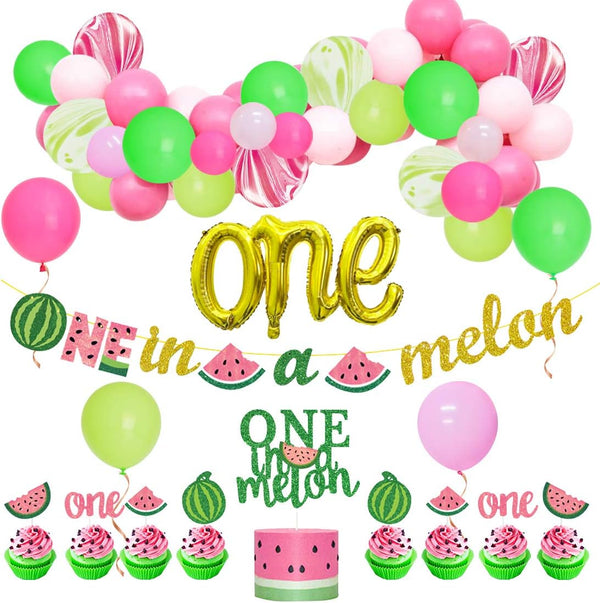 Watermelon First Birthday Party Supplies, One in a Melon Banner, Cake Topper, Balloon Garland Arch for Girl