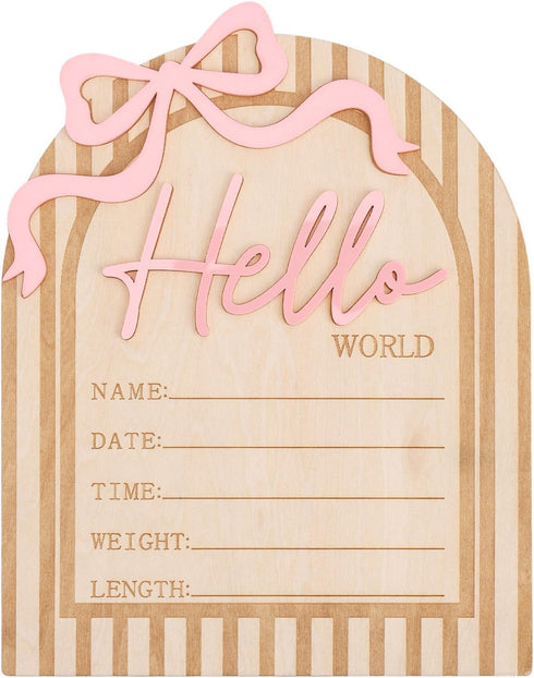 Goktvai Hello World Newborn Sign, Wooden Pink Bow Baby Announcement Sign Funny Newborn