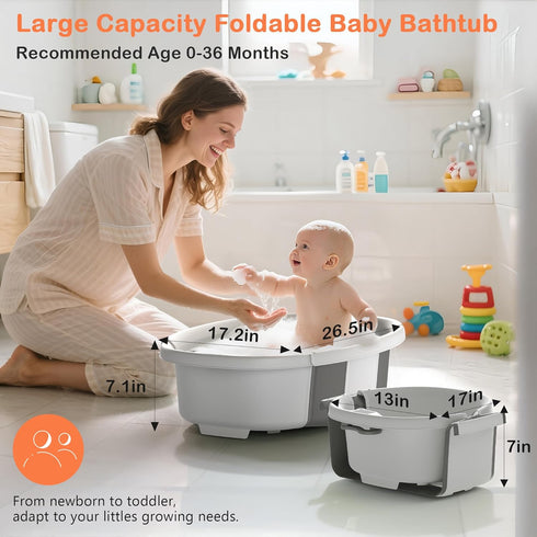 0 36 Collapsible Baby Bathtub - Large Baby Bath Tub with Thermometer & Cushion | Travel Portable Newborn Infant Bathtub