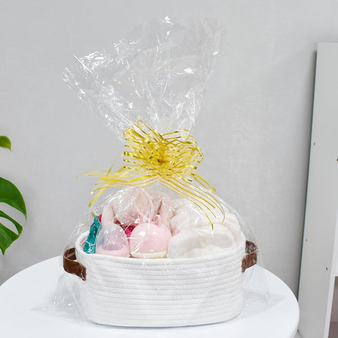 ABenkle Small White Basket with Handle, Soft Woven Storage Bins for Baby Cat and Dog Toys Organizer