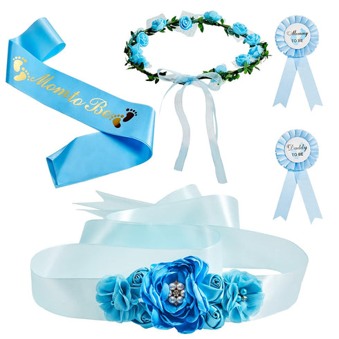 Xinnun Baby Shower Maternity Sash Kit - 5 Pcs Blue Shoulder Sash, Daddy Corsages, Flower Crown, Rose Wreath Headdress
