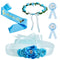 Xinnun Baby Shower Maternity Sash Kit - 5 Pcs Blue Shoulder Sash, Daddy Corsages, Flower Crown, Rose Wreath Headdress