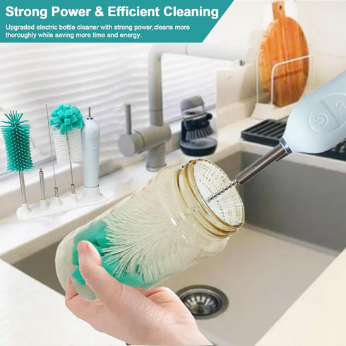 Electric Baby Bottle Brush With Holder, Stainless Steel Automatic Cleaner With Extension Handle, Sponge, Silicone Water