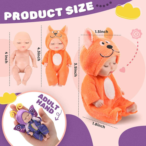 Hanaive 4 Pcs 4 Inch Mini Baby Dolls Lifelike Realistic Baby Dolls Animal Clothes Cute Tiny Babies Gifts for Kids Birthday Baby Shower (Novelty Style)