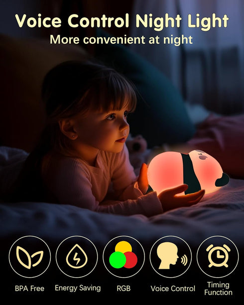 6 30-Minute Voice Control Panda Night Light, Colors Timer, Cute Animal Silicone Nursery Night Light Rechargeable Table
