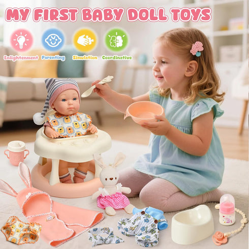 Cleboen Set 9'' 2 Sets 3 4 5 6 Baby Doll Accessories for Girls, Baby Doll with Clothes Doll Walker Chair Feeding Bottle