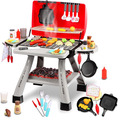 Kids Kitchen Playset with Play Food, 41Pcs Grill Toys with Simulated Smoke Sound & Light, Outdoor Pretend Play Set for