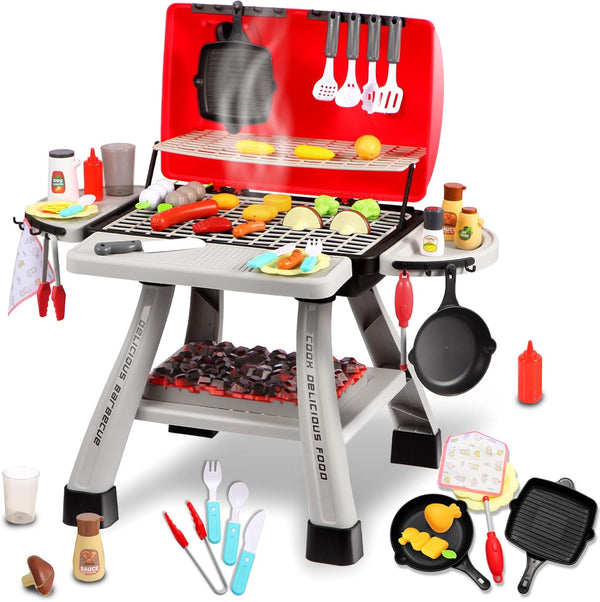Kids Kitchen Playset with Play Food, 41Pcs Grill Toys with Simulated Smoke Sound & Light, Outdoor Pretend Play Set for