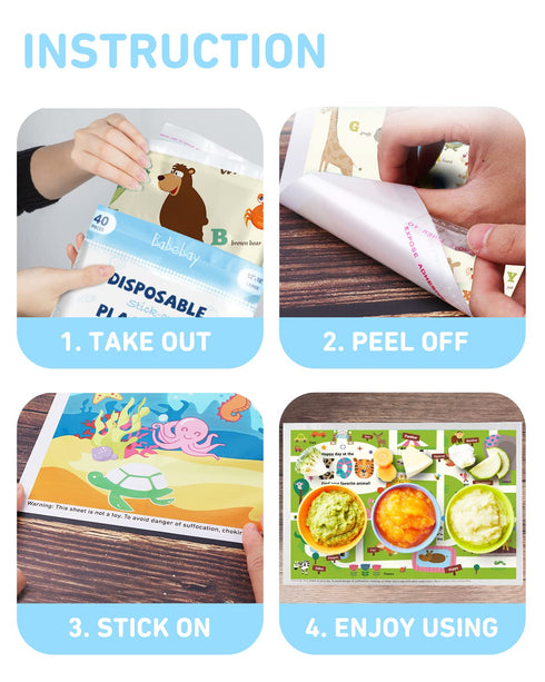 40 Pack 12" 18" 3 Babebay Disposable Placemats for Baby, Sticky Toddler Placemat for Restaurants, Dining Table, Party