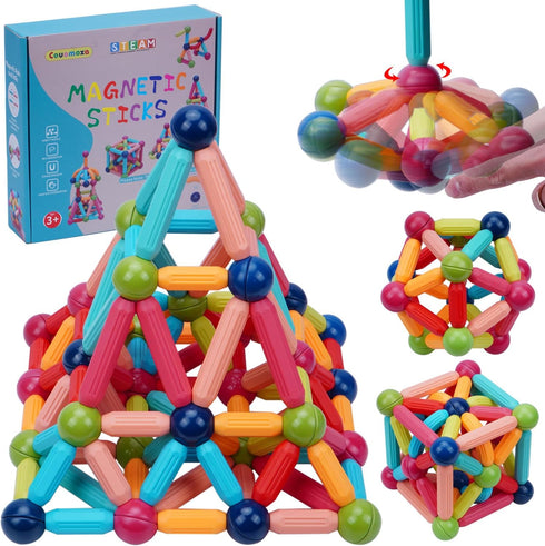COUOMOXA 74 PCS Magnetic Blocks Sticks, Construction Building Learning Education Toys for 3+ Year Old