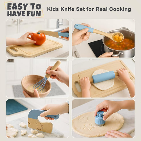29 Set, 3 3+ PCS Wooden Kids Cooking Toddler Montessori Cooking & Baking Kitchen Tools for Real Cooking, Knifes, Real