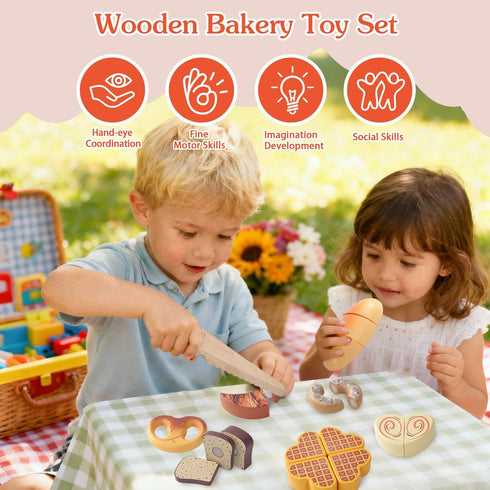 Set,Children Wooden Play Food Toys for Toddler,Kids Baking Cutting Game Kitchen Bakery Pretend Play,Early Educational