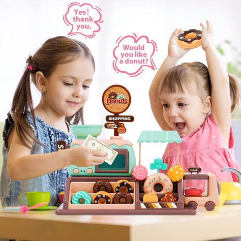 Jomifin 35Pcs Set Pretend Play Toy Donut Shop for Kids, Donut Maker Machine with Oven and Candy, Electronic Role Play