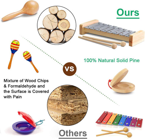 Set LOOIKOOS Toddler Musical Instruments, Eco Friendly Music for Kids Preschool Educational, Natural Wooden Percussion