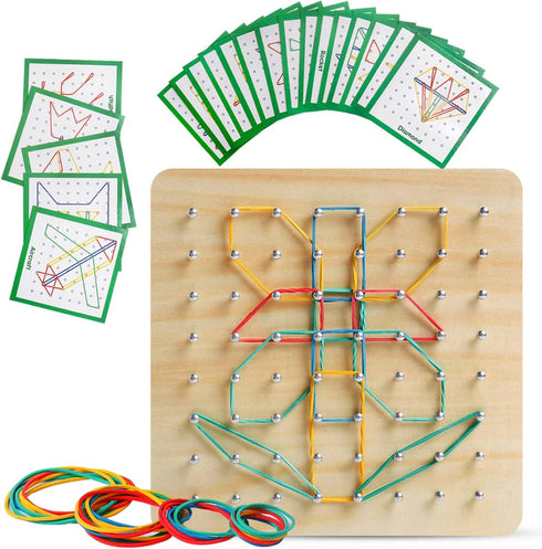 Wooden Geoboard with Rubber Bands, Montessori Educational Toy for Kids, Graphical Math Pattern Blocks & Cards