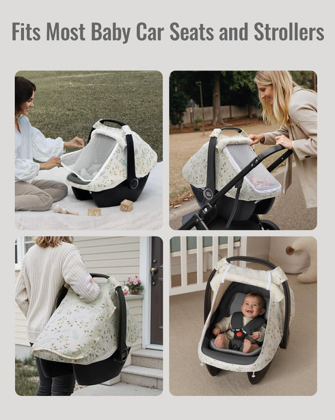 Blissful Diary Baby Car Seat Cover, Extra Large Mesh Window, Breathable Muslin Cotton, Infant Windproof Canopy