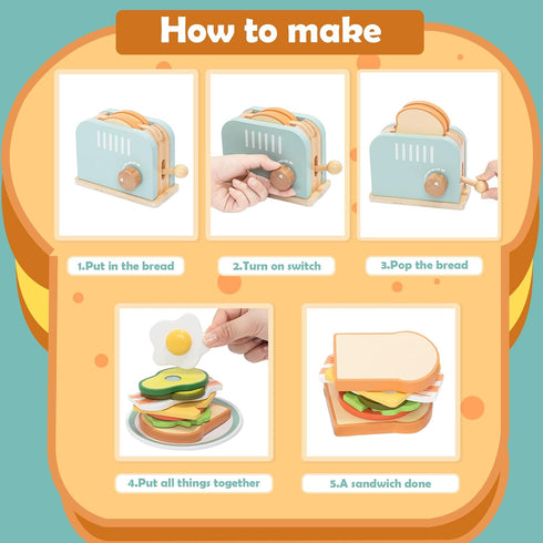 Set, 17PCS Playset, Wooden Pop up Toaster Play Kitchen Play Food Accessories for Toddlers Early Learning,Pretend Play