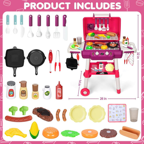 Playset 2-Layer Set 3-5, Kids Play Kitchen Toys, Kids BBQ Grill with Smoke Sound Light, Barbecue Toy with Wheels