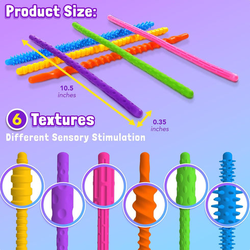 6 Pack Sensory Fidget Toys for Kids: Textured Silicone Fidget Stick for Stress Relief Autistic ADHD, Quiet Desk Fidgets
