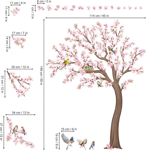 59 inches/150 cm) decalmile Large Cherry Blossom Tree Wall Stickers Pink Flower Birds Tree Branch Wall Decals Living