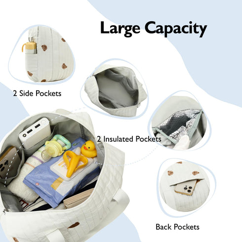 LORADI Diaper Bag Tote with Insulated Pockets and Stroller Hooks for Travel (White, Medium)