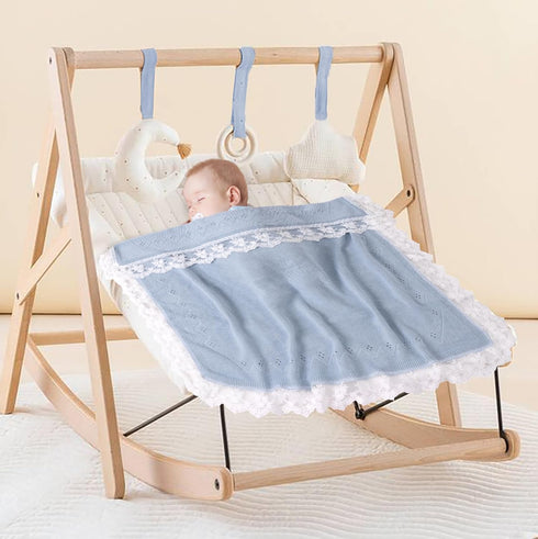 Booulfi Baby Blankets Neutral Knitted Blue Cotton Blue Baby Blanket Stroller Lace Border Crochet Winter Crib Baby