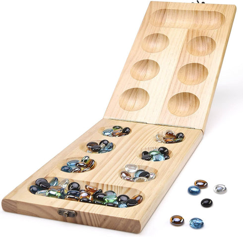 Set 72+8 Package AMEROUS Wooden Mancala Board Game - Upgraded Larger Size - Bonus Multi Color Glass Stones - Folding