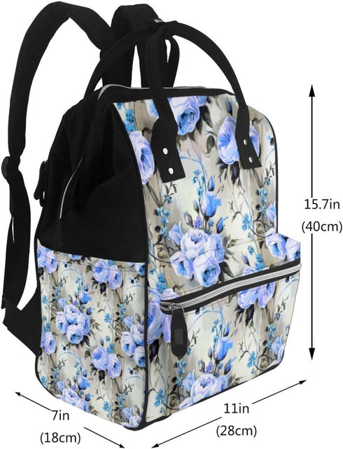 FSQDJLU Backpack Blue and Periwinkle Floral Diaper Bag for Women, Large Capacity Waterproof Travel Bag with Stroller