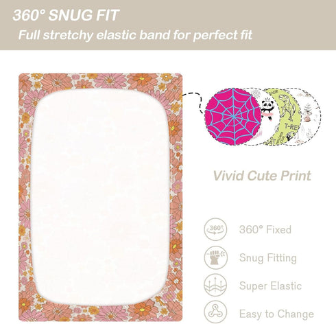 CaTaKu 28"x 52" Mini Crib Sheets Fitted for Girls Boys Retro Orange Flower Baby Crib Sheets, Neutral Mattress Sheets
